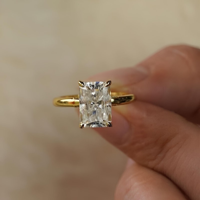 2Ct Radiant Cut Moissanite Engagement Ring, 14k Gold Plated Sterling Silver
