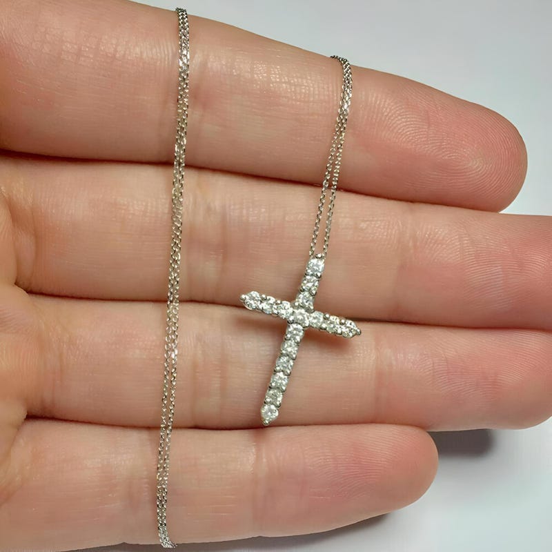 Moissanite Diamond Cross Pendant, 14K White Gold Plated, Sterling Silver