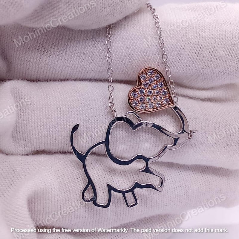 Sterling Silver Elephant Necklace, 14k Rose Gold Plated Heart, Dainty Animal Jewelry