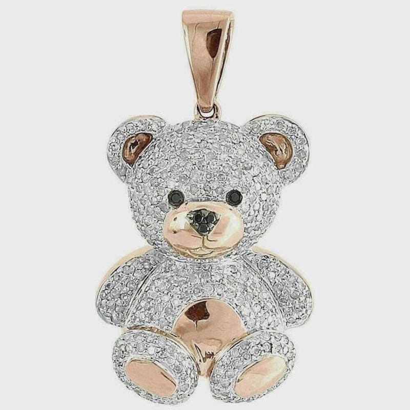 Handmade Cartoon Teddy Bear Pendant, Cubic Zirconia, Rose Gold Plated