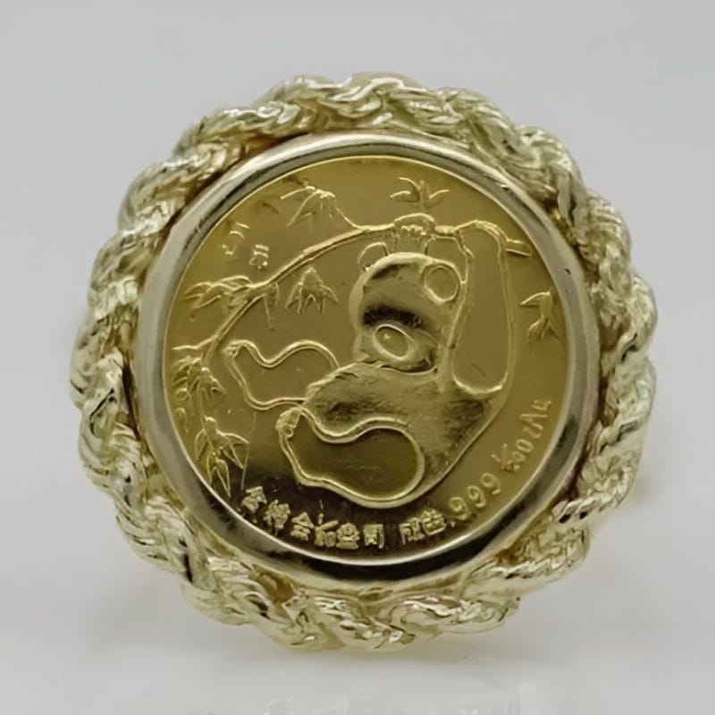 925 Sterling Silver Panda Coin Ring, 14k Gold Plated Band