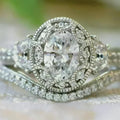 Oval Lab Diamond Engagement Ring Set, Vintage Filigree, 14K White Gold Plated