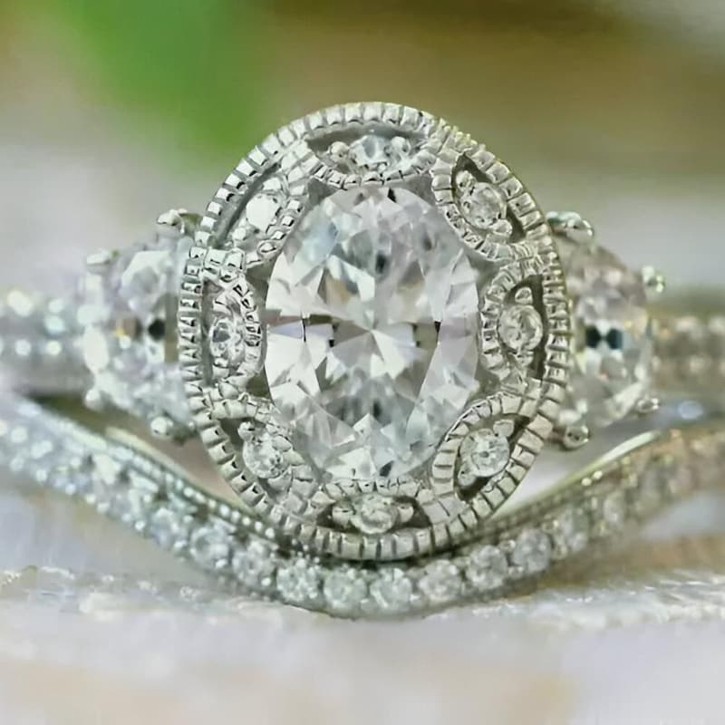 Oval Lab Diamond Engagement Ring Set, Vintage Filigree, 14K White Gold Plated