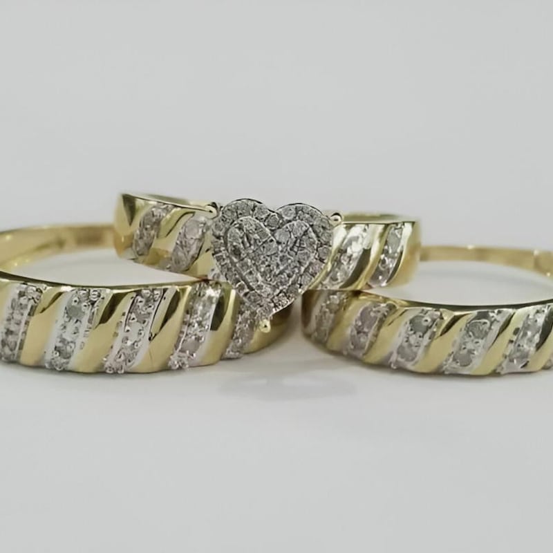 Filigree Trio Ring Set, Lab Diamond Heart, 14K Yellow Gold Plated