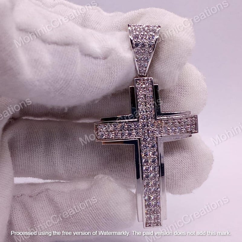 Moissanite Cross Pendant, 14K White Gold Plated, Sterling Silver