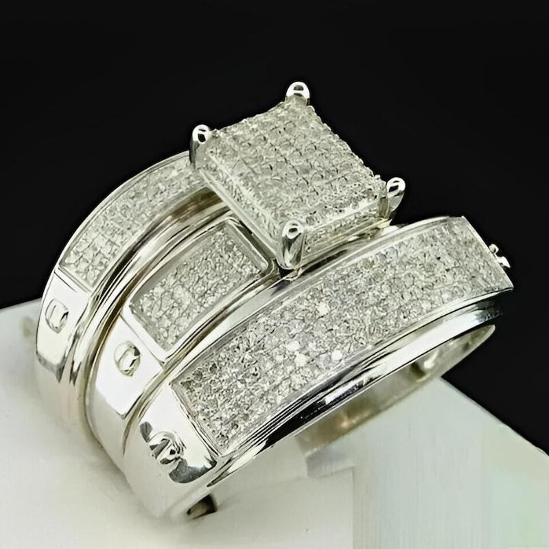 Filigree Sterling Silver Bridal Ring Set, Lab Diamond Trio, Promise Ring