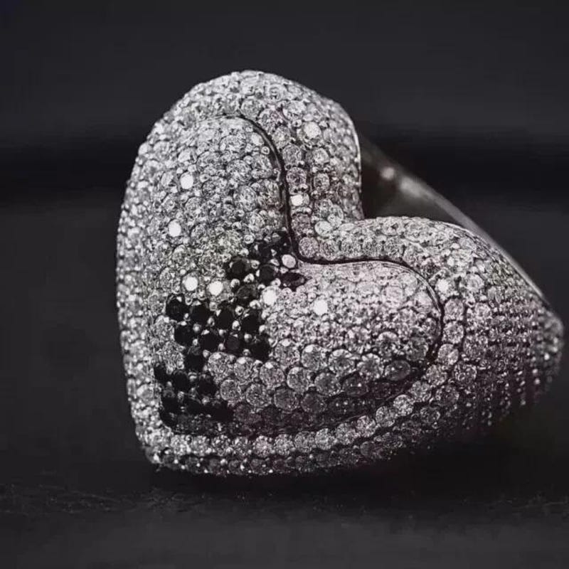 Heart Ring, Black & White Cubic Zirconia, 14k Yellow Gold Plated