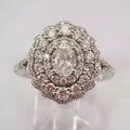 Oval Diamond Cluster Ring, Art Deco Filigree, 14K White Gold Plated