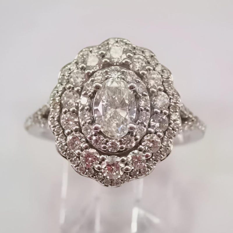 Oval Diamond Cluster Ring, Art Deco Filigree, 14K White Gold Plated
