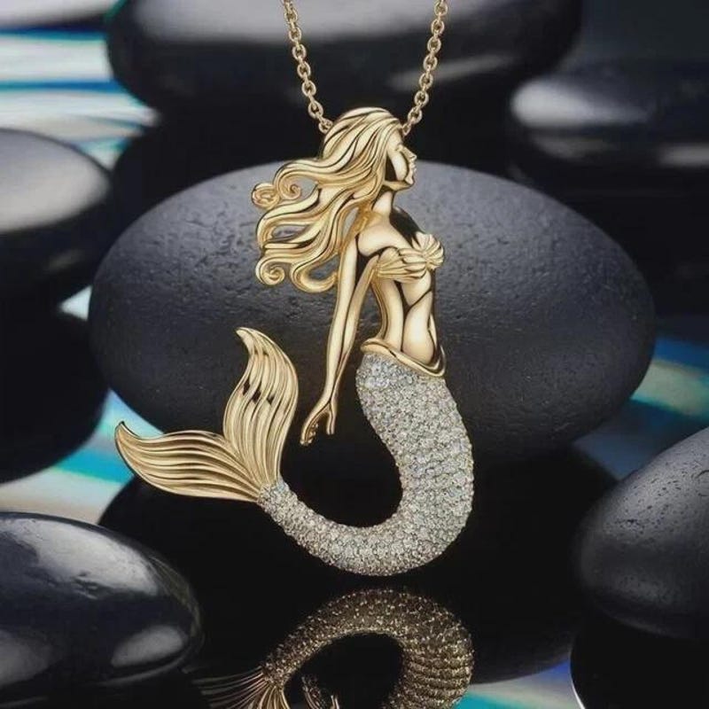 Moissanite Diamond Mermaid Pendant Necklace, 14K Gold Plated Sterling Silver