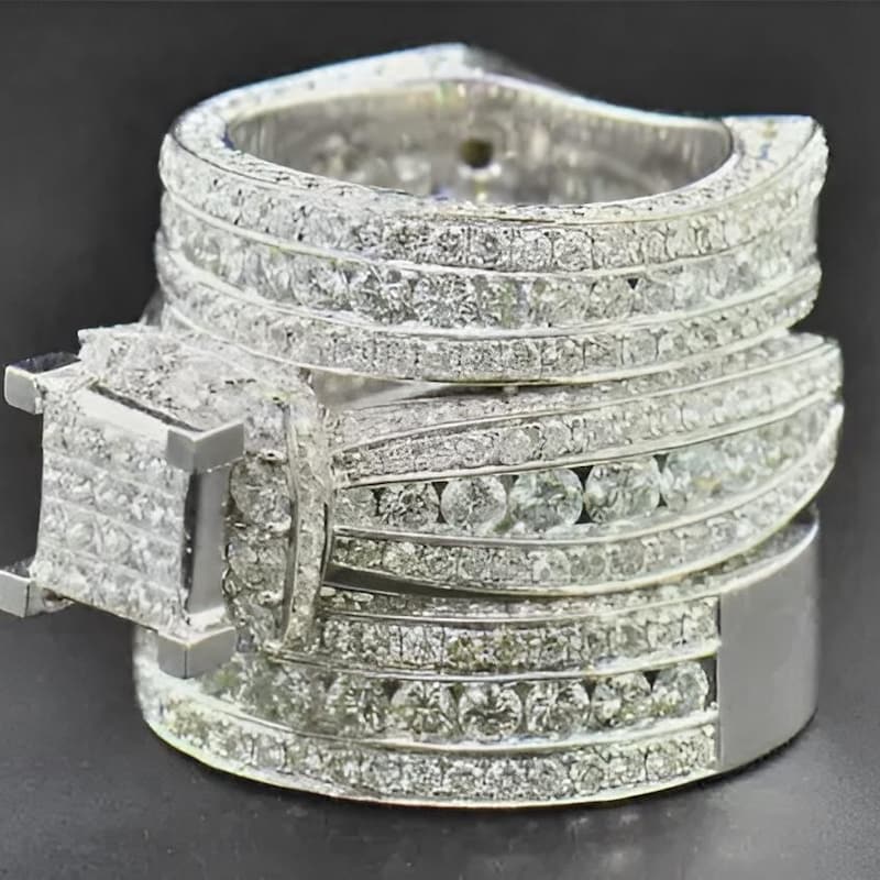 Filigree Ring Set, 3.15Ct Round Cut Lab Diamond, 14K White Gold Plated Trio Rings