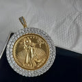 Moissanite Diamond Statue of Liberty Coin Shape Charm Pendant, 14K Yellow Gold Plated