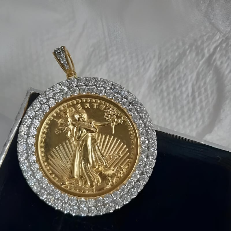 Moissanite Diamond Statue of Liberty Coin Shape Charm Pendant, 14K Yellow Gold Plated