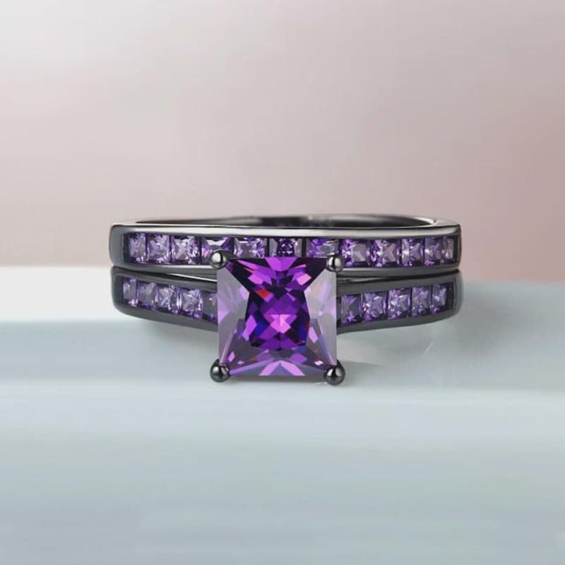 Black Gold Plated Sterling Silver Cubic Zirconia Amethyst Bridal Ring Set