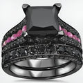 Black Gold Plated Sterling Silver Cubic Zirconia Princess Cut Trio Ring Set