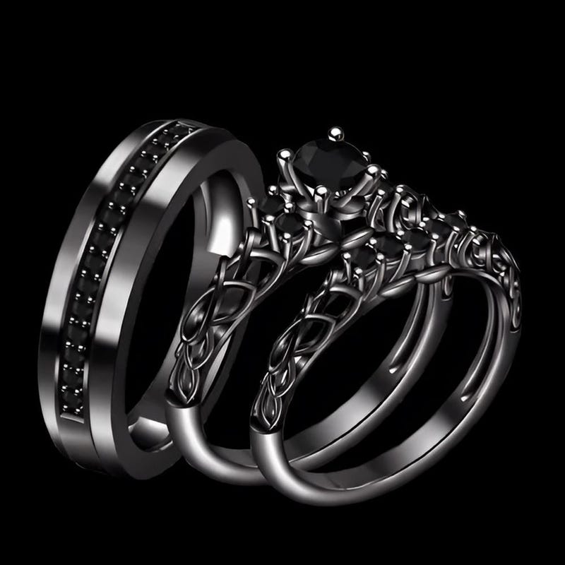 Black Gold Plated Sterling Silver Trio Ring Set, Cubic Zirconia Wedding Bands