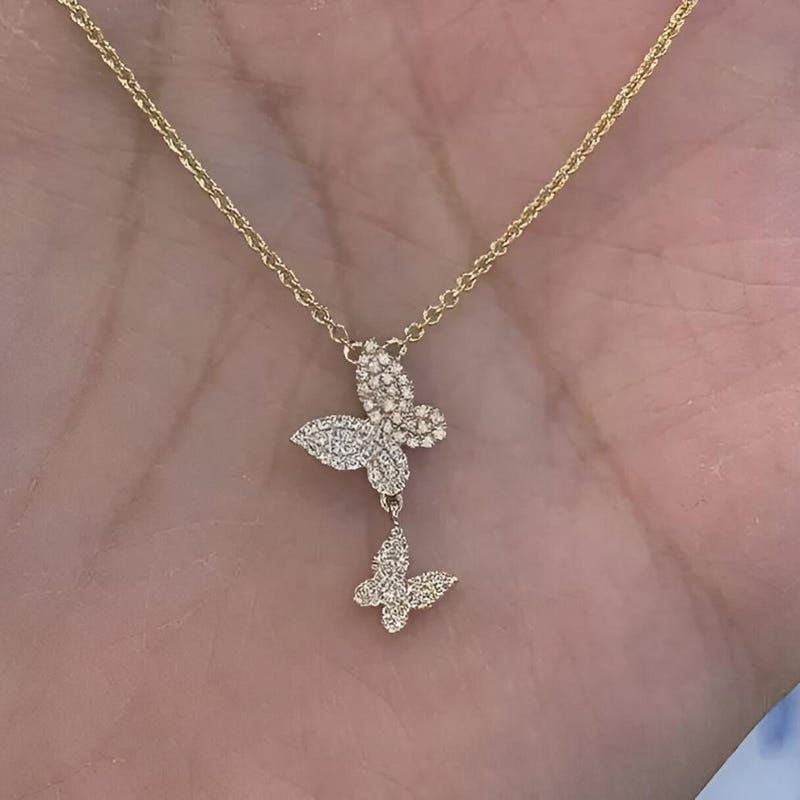 Gift For Her Lab Diamond Butterfly Pendant Necklace, 14k Gold Plated Sterling Silver