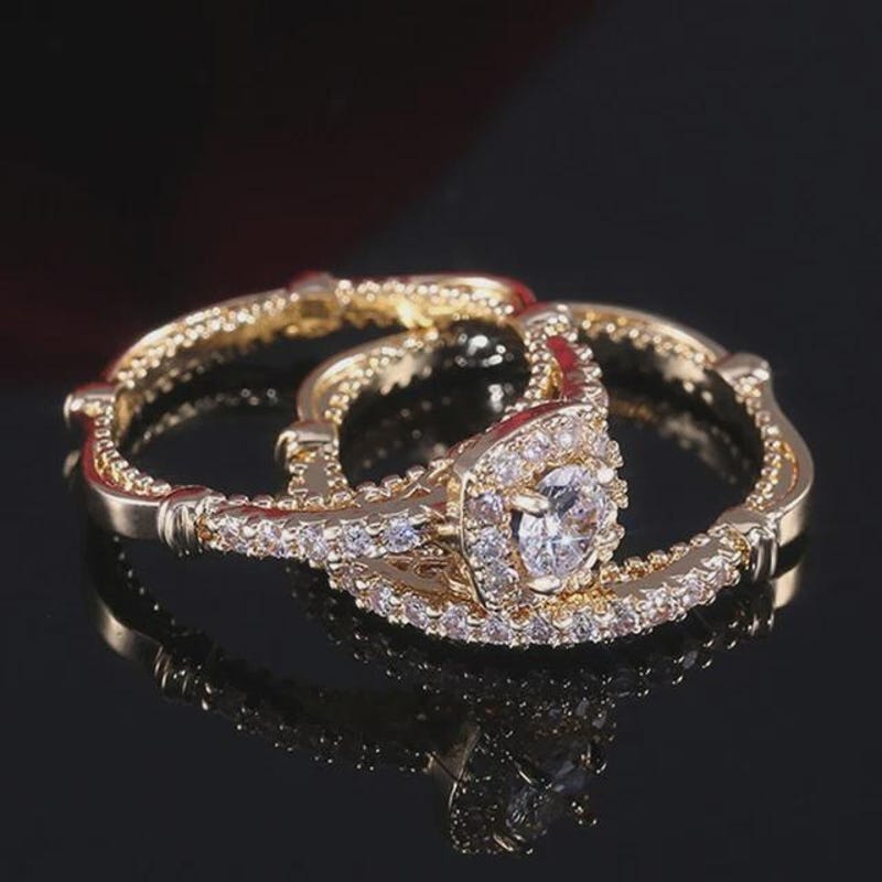 Rose Gold Plated Filigree Ring Set, Lab Diamond, Bridal Promise Ring