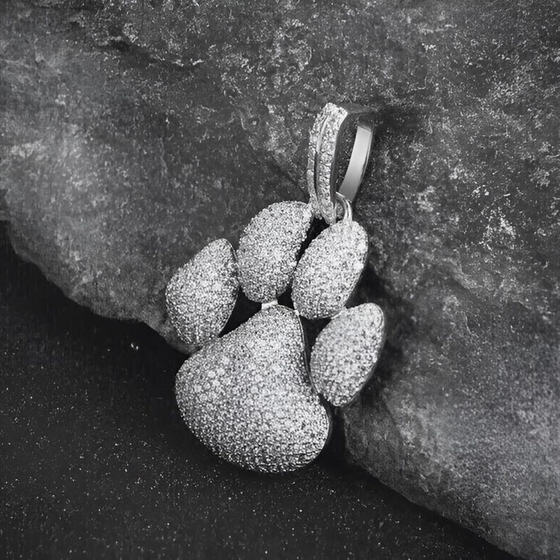 Men's Moissanite Dog Paw Charm Pendant, 14K White Gold Plated Sterling Silver