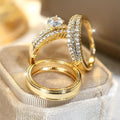 Moissanite Diamond Couple Ring Set, 14k Yellow Gold Plated, Stacking Trio Ring