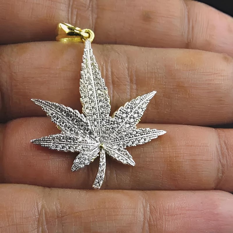 Marijuana Charm Pendant, 2.00Ct Round Cut Lab Diamond, 14k Yellow Gold Plated 925 Silver
