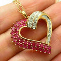 Red Ruby & Diamond Heart Pendant Necklace, 14K Yellow Gold Plated Sterling Silver