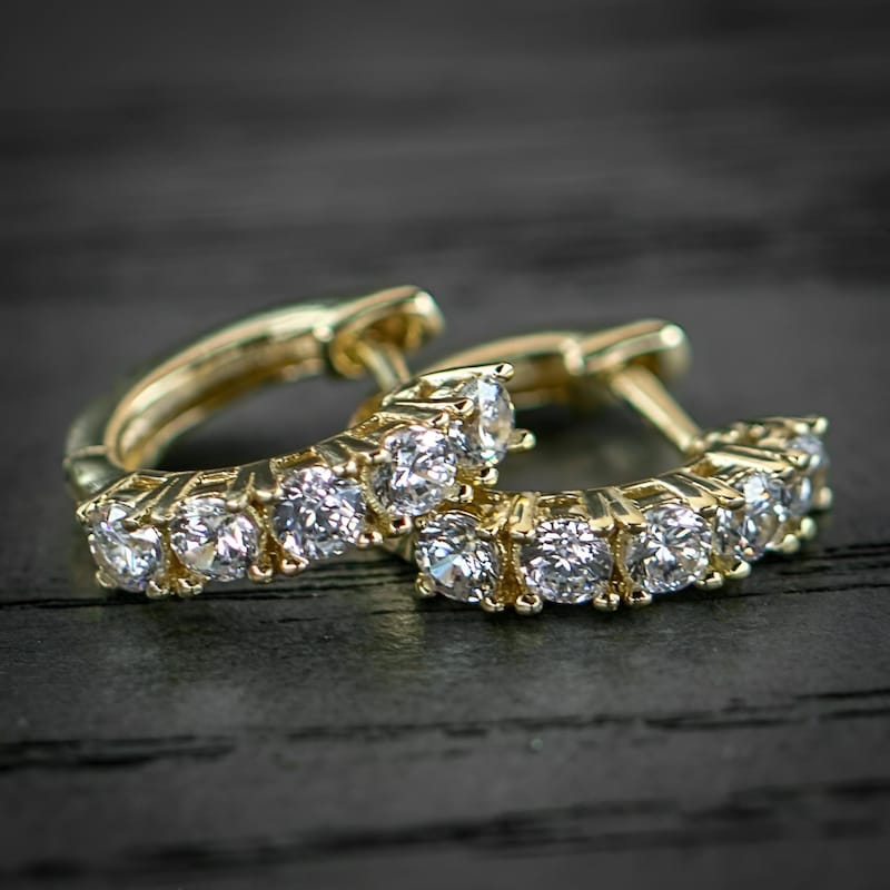 Silver Moissanite Diamond Huggie Hoop Earrings, 14K Yellow Gold Plated