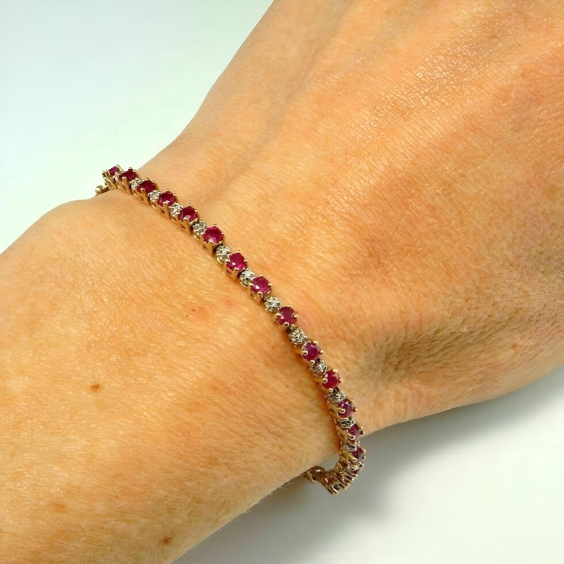 Ruby & Diamond Tennis Bracelet, 14k Yellow Gold Plated Unisex Gift Silver