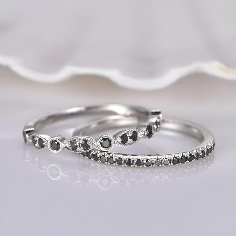 Black CZ Diamond Eternity Wedding Band Set, 14K White Gold Plated Sterling Silver