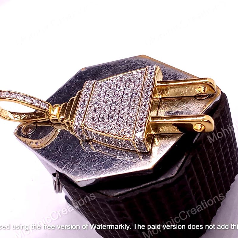 Men's Power Plug Charm Pendant, CZ Diamond, 14K Yellow Gold Plated