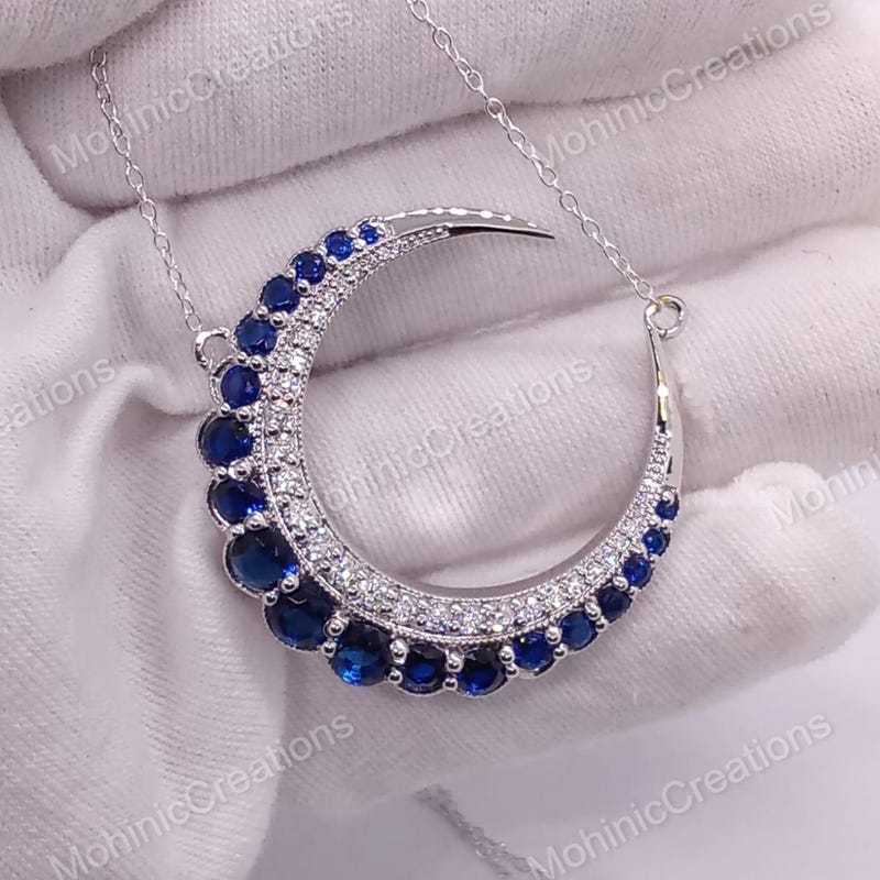 Blue Sapphire Half Moon Pendant Chain, 14K White Gold Plated Sterling Silver