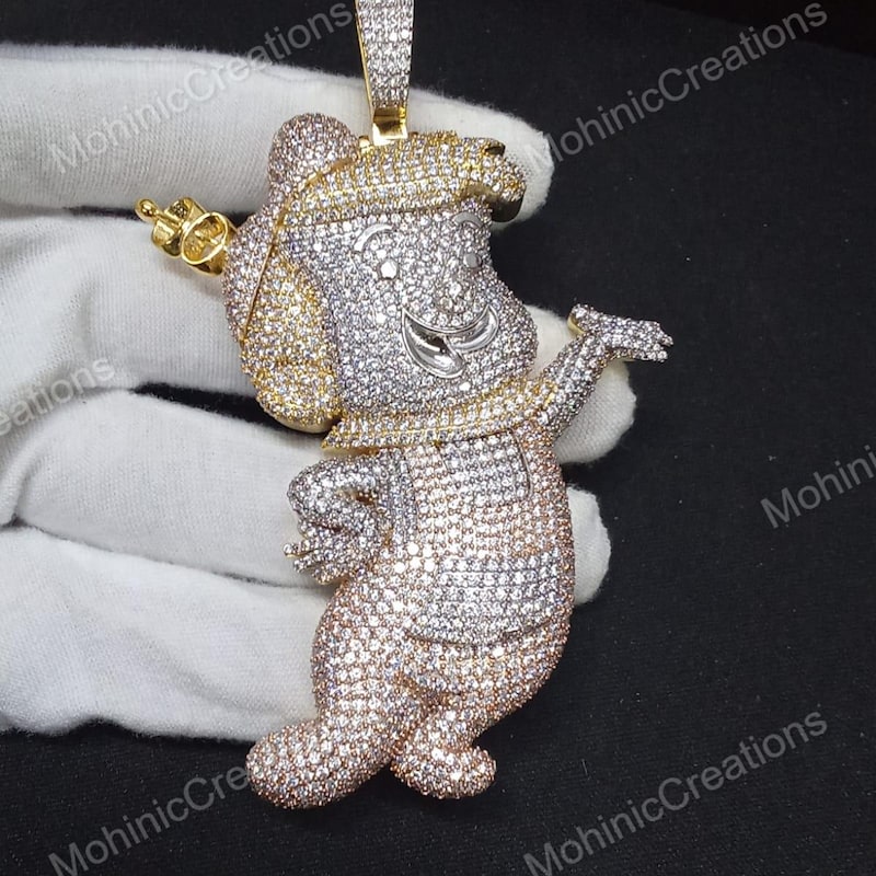 Custom Cartoon Character Charm Pendant, Cubic Zirconia, 14k Two Tone Gold Plated