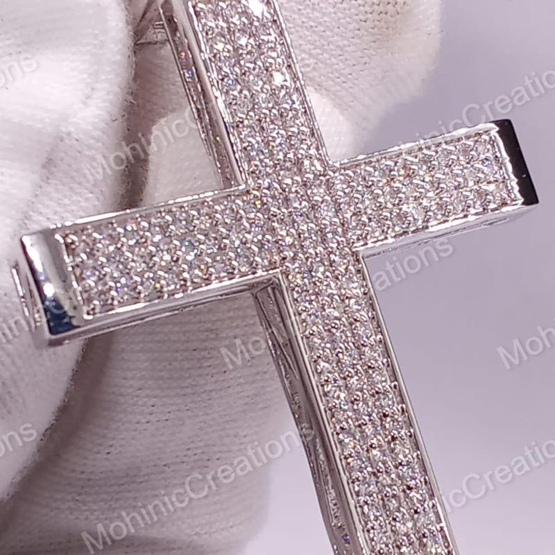 Moissanite Diamond Cross Pendant, 14K White Gold Plated, Sterling Silver