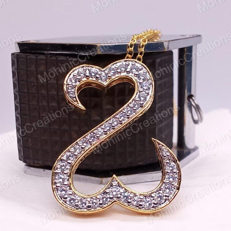 Handmade Double Heart Pendant, Round Cubic Zirconia, 14K Yellow Gold Plated