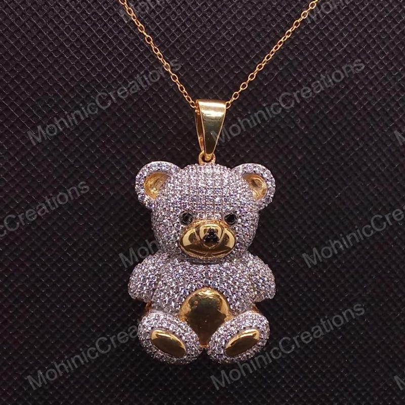 Teddy Bear Pendant, 2Ct Round Cut Lab Diamond, 14k Yellow Gold Plated, Sterling Silver