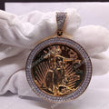 Lady Liberty Coin Pendant, 14K Yellow Gold Plated, Lab Diamond, Sterling Silver