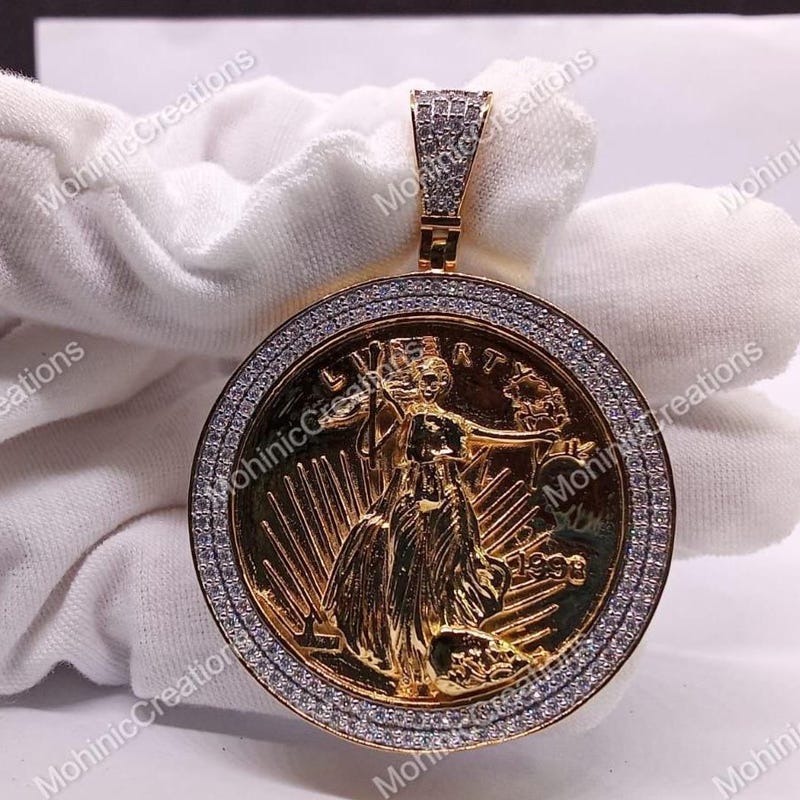 Lady Liberty Coin Pendant, 14K Yellow Gold Plated, Lab Diamond, Sterling Silver