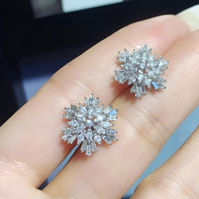 CZ Diamond Snowflake Stud Earrings, 14K White Gold Plated, Sterling Silver