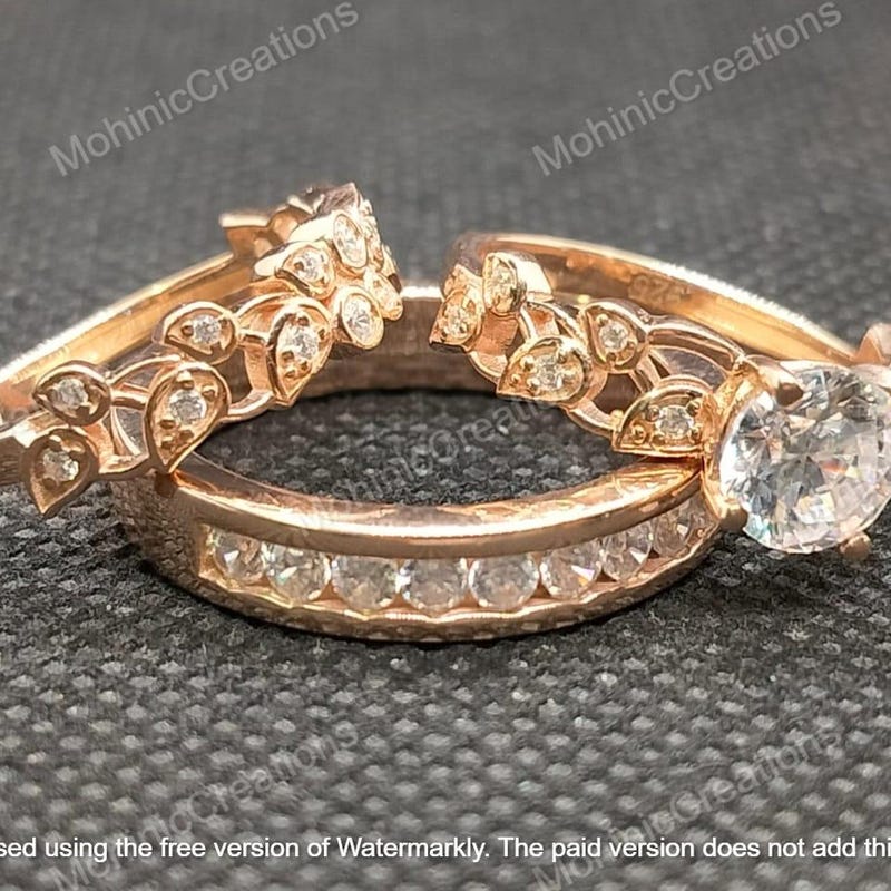 14K Rose Gold Plated Sterling Silver Filigree Round CZ Diamond Ring Band Set