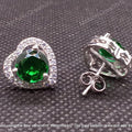 14k White Gold Plated Green Emerald Heart Halo Stud Earrings, 925 Sterling Silver