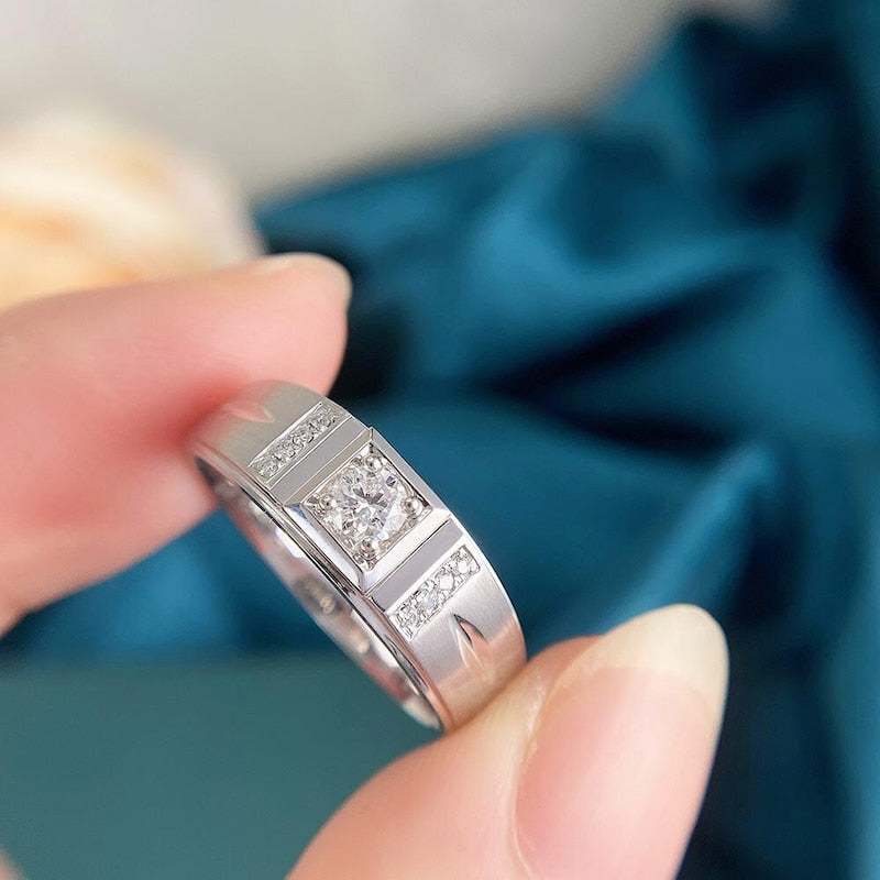 Round Cut Moissanite Diamond Engagement Men's Ring 14k White Gold Plated 925 Sterling Silver