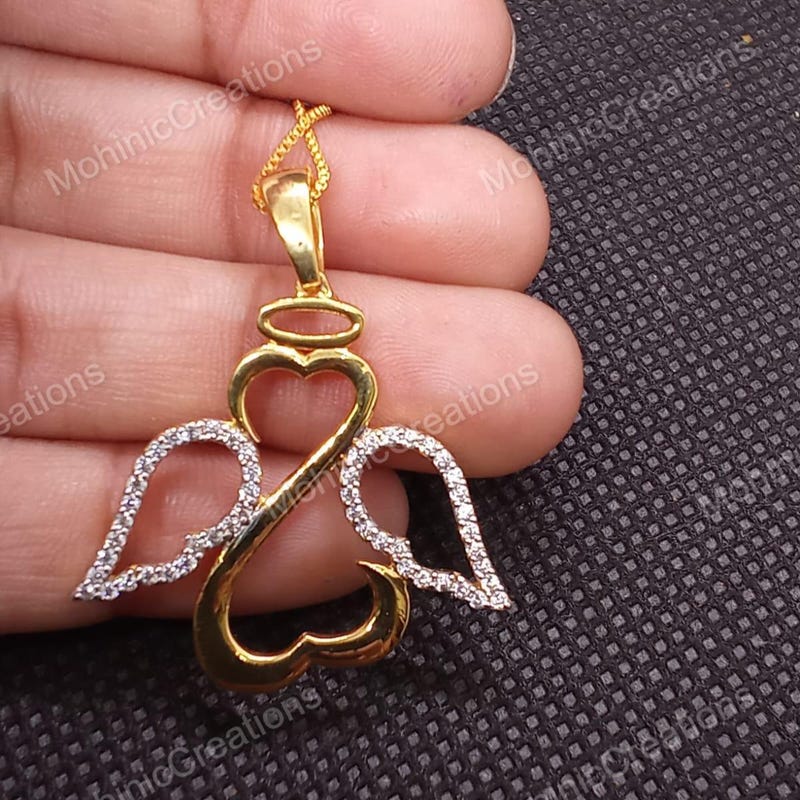 14K Gold Plated Angel Wings Pendant, Cubic Zirconia, Sterling Silver