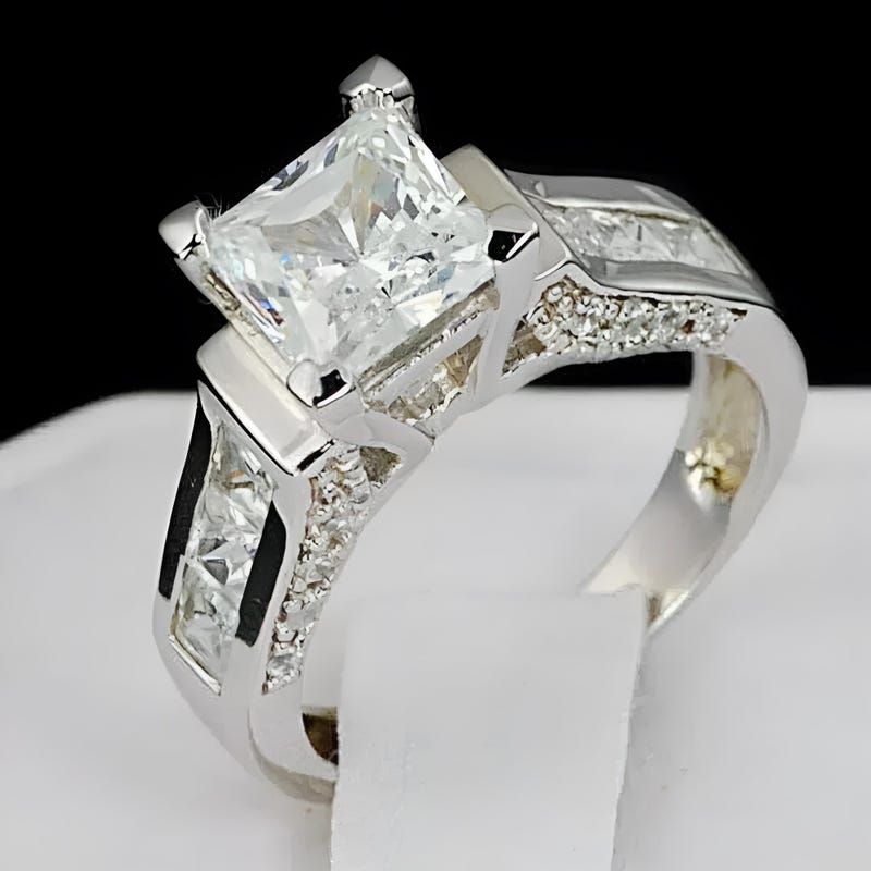 Princess Cut Moissanite Solitaire Ring, 14K White Gold Plated 925 Sterling Silver