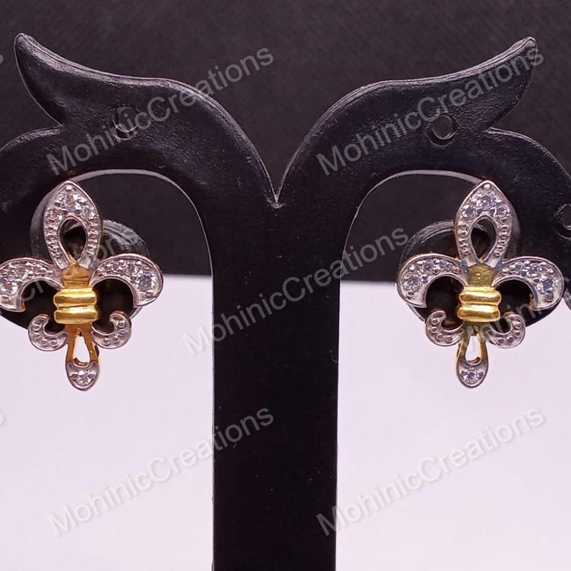 14K Gold Plated Sterling Silver Cubic Zirconia Fleur-de-Lis Stud Earrings