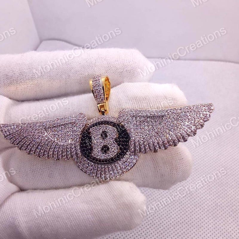 Letter "B" Wings Pendant, Lab Diamond, 14K Yellow Gold Plated, Sterling Silver