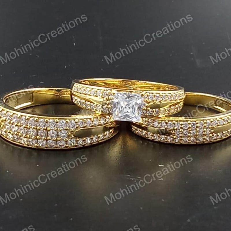Sterling Silver Couple Ring Set, Yellow Gold Plated, Cubic Zirconia
