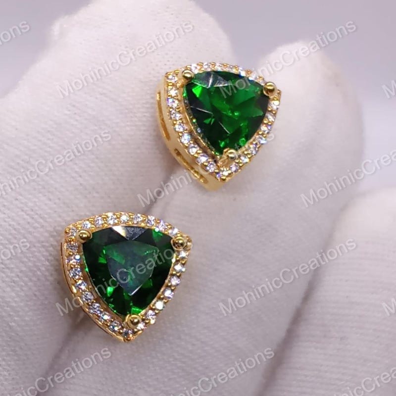 Emerald Trillion Stud Earrings, Diamond Halo, 14K Yellow Gold Plated 925 Sterling Silver