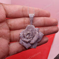 Rose Flower Pendant, Lab Diamond, 14K White Gold Plated Sterling Silver