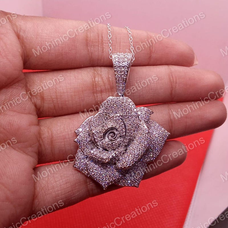 Rose Flower Pendant, Lab Diamond, 14K White Gold Plated Sterling Silver