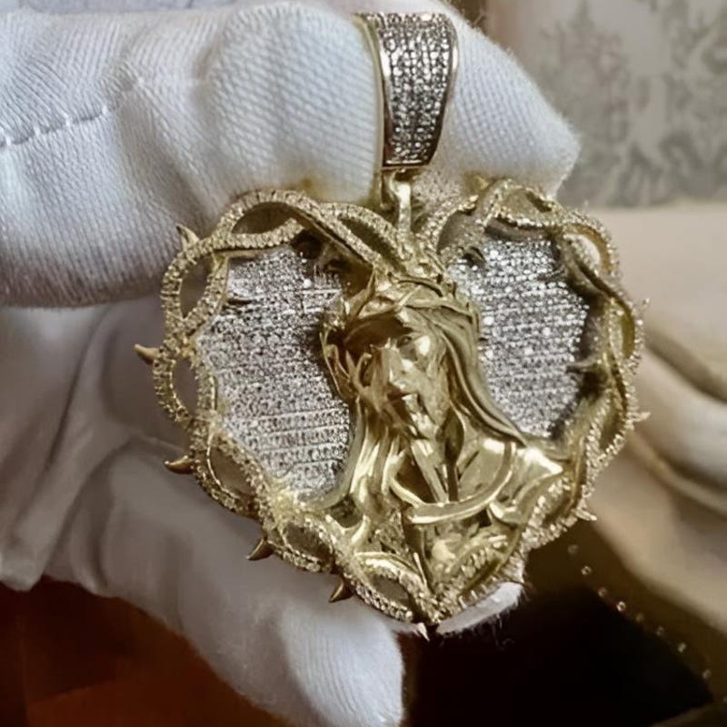 Moissanite Diamond Jesus Heart Pendant, 14k Yellow Gold Plated